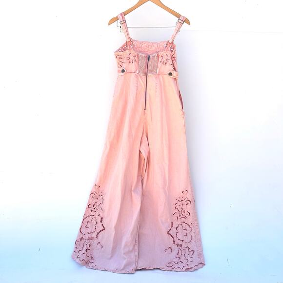 Free People Leighton Wide Leg Jumpsuit Pink Cotton Lace Overalls Denim Small - Picture 7 of 14